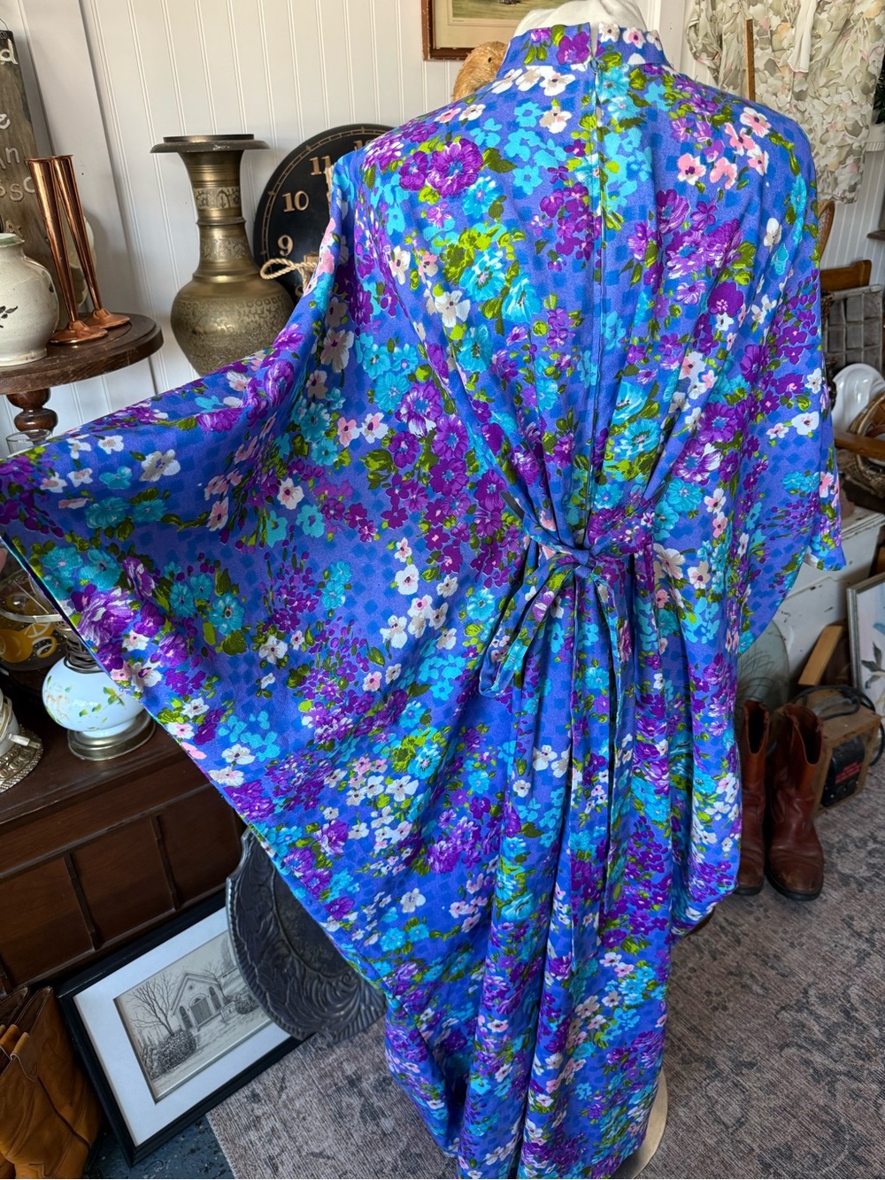 Vibrant Blue Floral 1960s Bat Wing Tie Back Gown - Picture 3 of 6